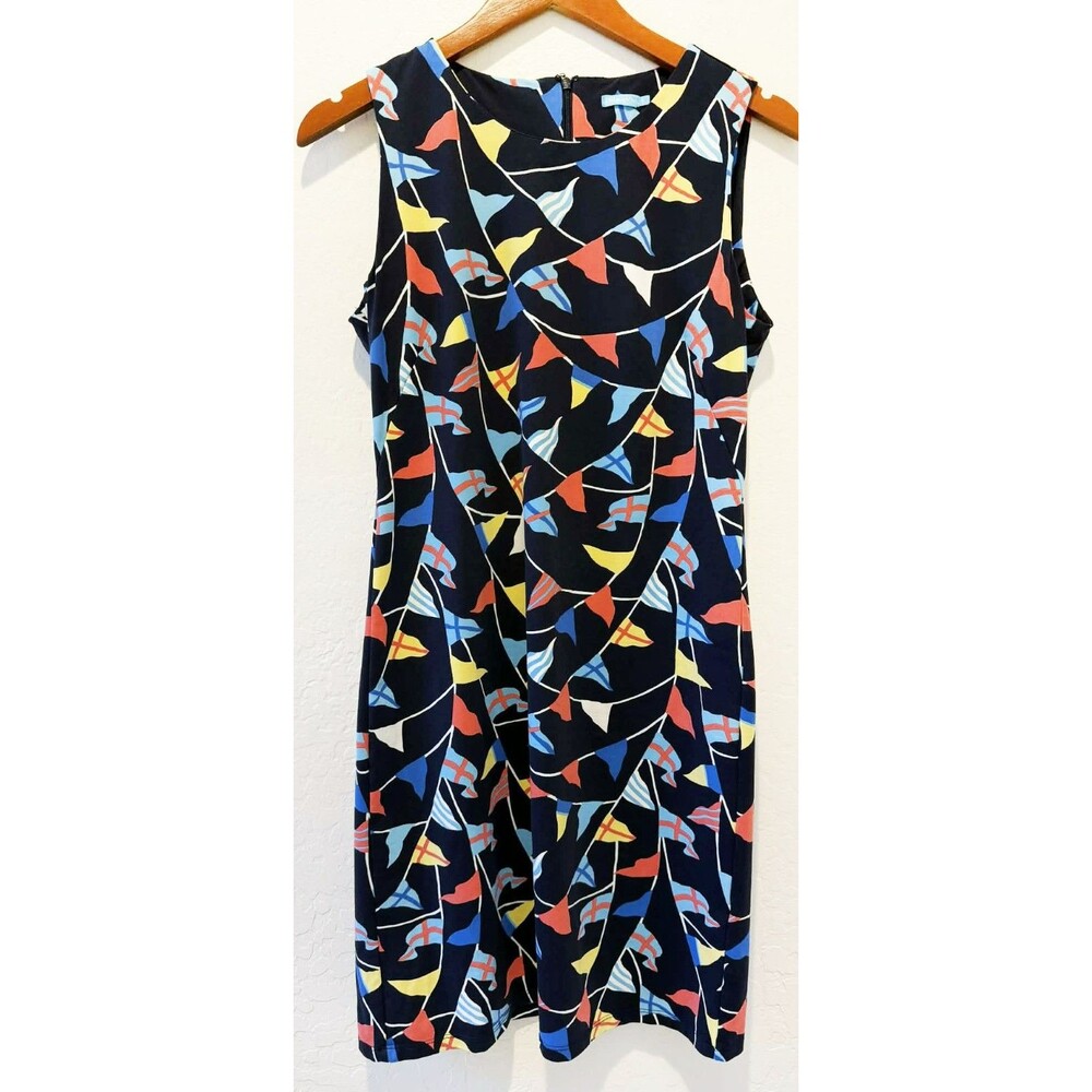 J. McLaughlin Sheath Dress sz. Small Flag Print Navy Blue Catalina Cloth Stretch